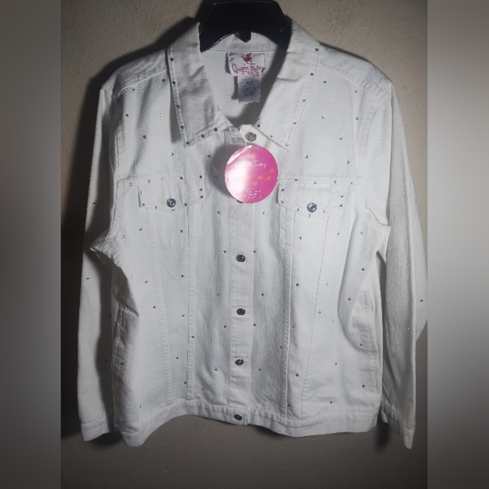 New Quacker Factory Jacket Women L Bling Rhinestone Jean Jacket Artsy
